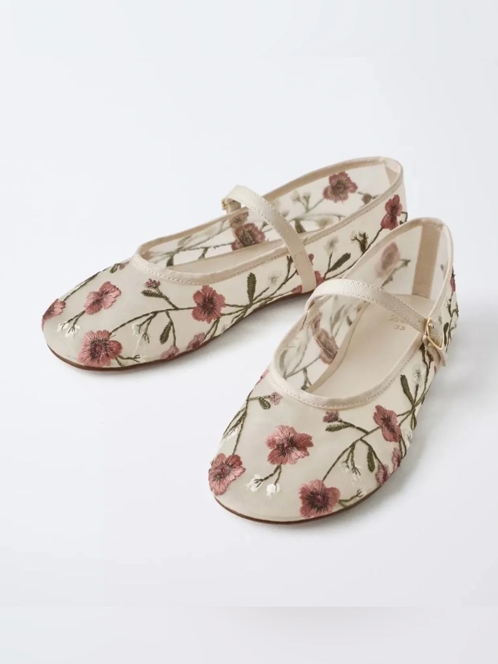 Zara Kida Floral Embroidery Mary Jane Flats, Pink/Cream, Size 12-12.5 (EU 30)